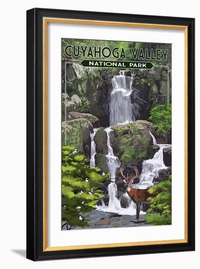 Cuyahoga Valley National Park, Ohio - Deer and Falls-Lantern Press-Framed Art Print