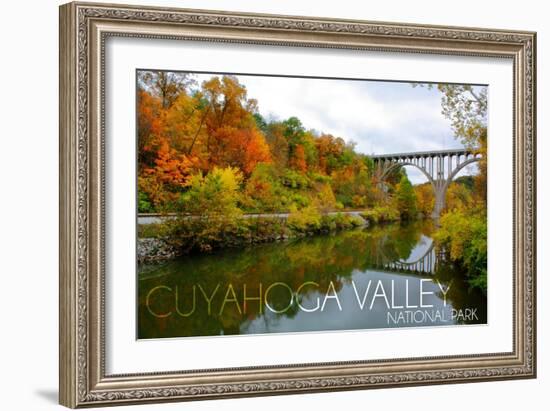 Cuyahoga Valley National Park, Ohio - Fall Foliage and Bridge-Lantern Press-Framed Art Print