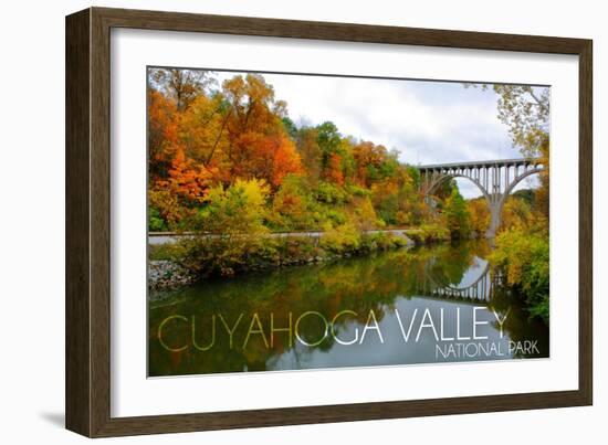 Cuyahoga Valley National Park, Ohio - Fall Foliage and Bridge-Lantern Press-Framed Art Print