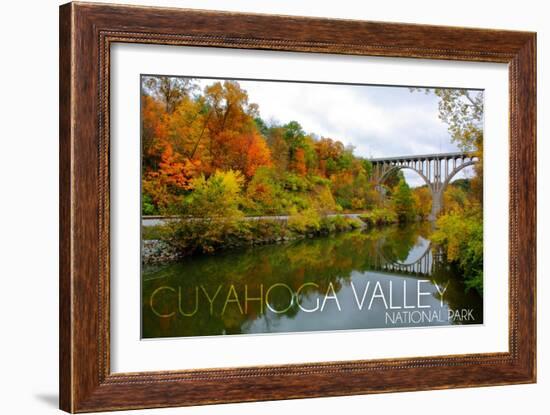 Cuyahoga Valley National Park, Ohio - Fall Foliage and Bridge-Lantern Press-Framed Art Print