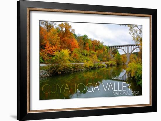 Cuyahoga Valley National Park, Ohio - Fall Foliage and Bridge-Lantern Press-Framed Art Print