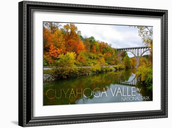 Cuyahoga Valley National Park, Ohio - Fall Foliage and Bridge-Lantern Press-Framed Art Print