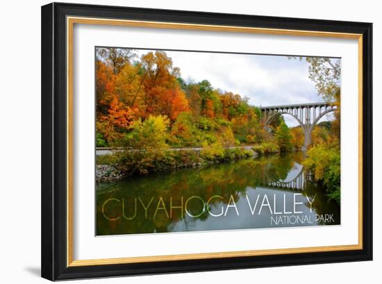 Cuyahoga Valley National Park, Ohio - Fall Foliage and Bridge-Lantern Press-Framed Art Print