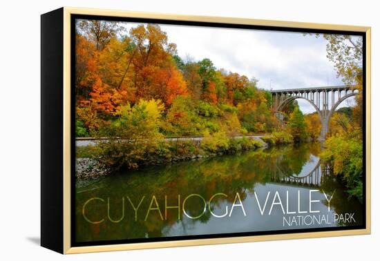 Cuyahoga Valley National Park, Ohio - Fall Foliage and Bridge-Lantern Press-Framed Stretched Canvas