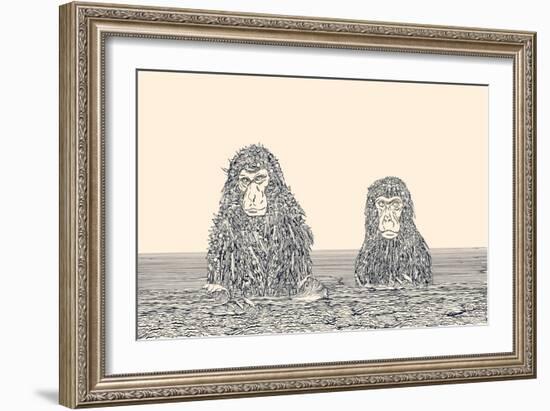 Cyborg Monkey Meditation.Two Monkeys in the Water Covered by Mechanical Cyborg Fur.-RYGER-Framed Art Print