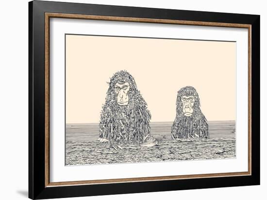 Cyborg Monkey Meditation.Two Monkeys in the Water Covered by Mechanical Cyborg Fur.-RYGER-Framed Art Print