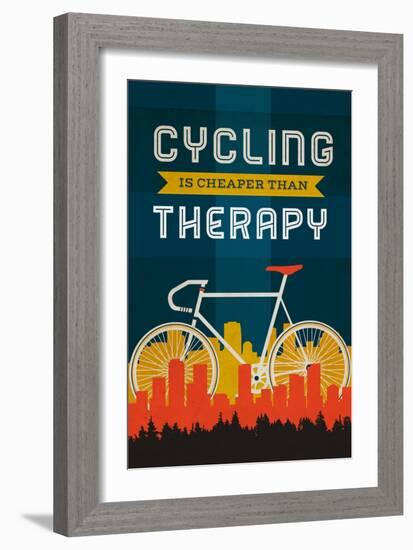 Cycling is Cheaper than Therapy - Screenprint Style-Lantern Press-Framed Art Print