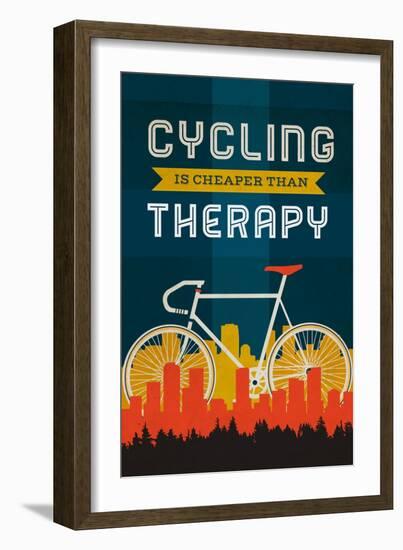 Cycling is Cheaper than Therapy - Screenprint Style-Lantern Press-Framed Art Print