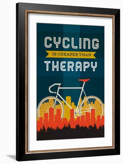 Cycling is Cheaper than Therapy - Screenprint Style-Lantern Press-Framed Art Print