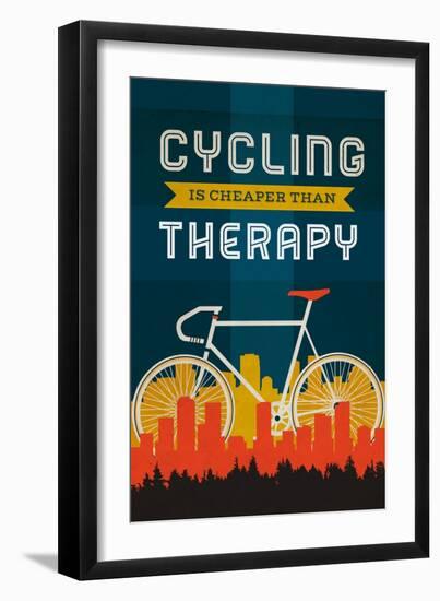 Cycling is Cheaper than Therapy - Screenprint Style-Lantern Press-Framed Art Print