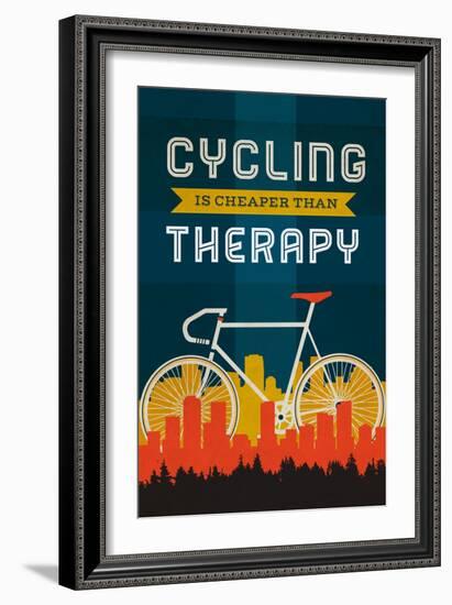 Cycling is Cheaper than Therapy - Screenprint Style-Lantern Press-Framed Art Print