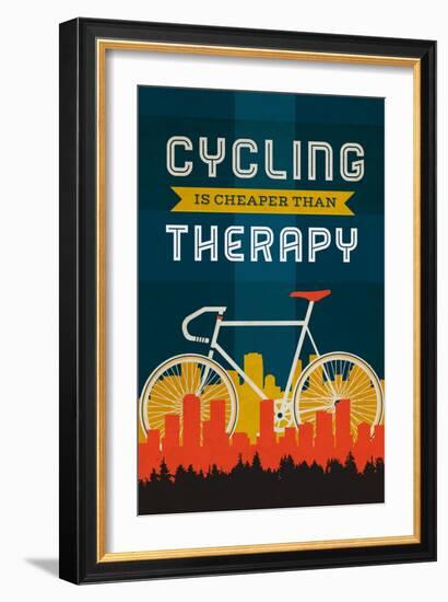 Cycling is Cheaper than Therapy - Screenprint Style-Lantern Press-Framed Art Print