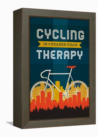 Cycling is Cheaper than Therapy - Screenprint Style-Lantern Press-Framed Stretched Canvas