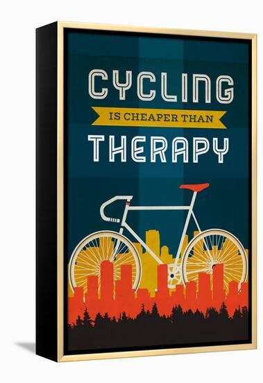 Cycling is Cheaper than Therapy - Screenprint Style-Lantern Press-Framed Stretched Canvas