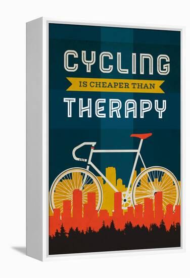 Cycling is Cheaper than Therapy - Screenprint Style-Lantern Press-Framed Stretched Canvas