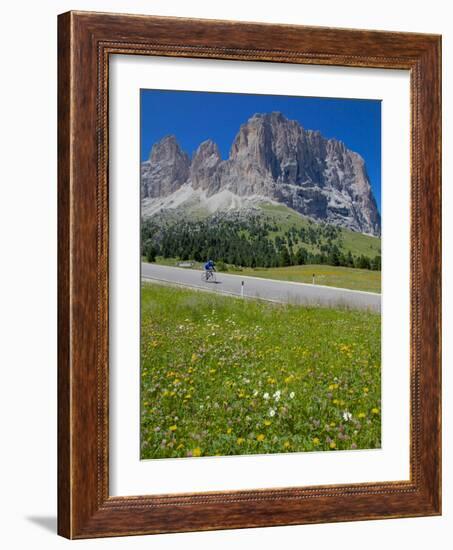 Cyclist and Sassolungo Group, Sella Pass, Trento and Bolzano Provinces, Italian Dolomites, Italy-Frank Fell-Framed Photographic Print