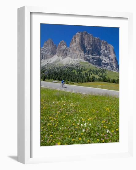 Cyclist and Sassolungo Group, Sella Pass, Trento and Bolzano Provinces, Italian Dolomites, Italy-Frank Fell-Framed Photographic Print