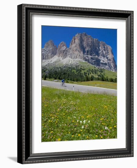 Cyclist and Sassolungo Group, Sella Pass, Trento and Bolzano Provinces, Italian Dolomites, Italy-Frank Fell-Framed Photographic Print