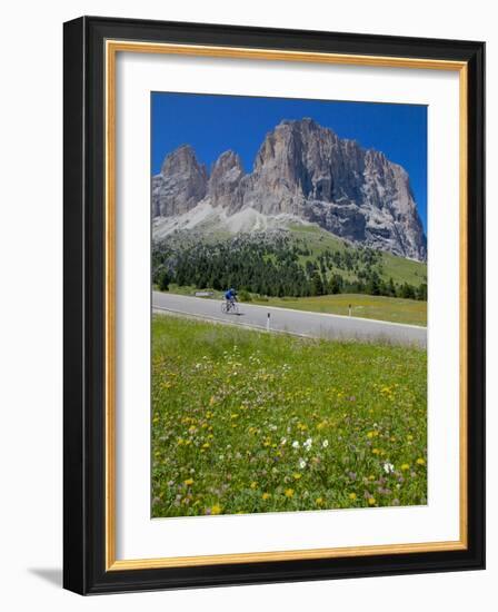 Cyclist and Sassolungo Group, Sella Pass, Trento and Bolzano Provinces, Italian Dolomites, Italy-Frank Fell-Framed Photographic Print