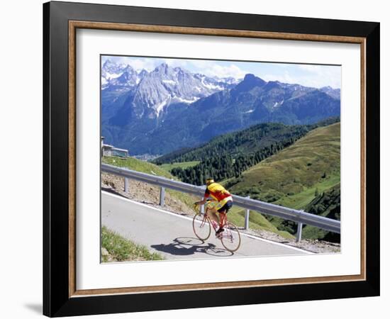 Cyclist Riding Over Sella Pass, 2244M, Dolomites, Alto Adige, Italy-Richard Nebesky-Framed Photographic Print