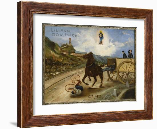 Cycliste renversé devant un cheval cabré-null-Framed Giclee Print