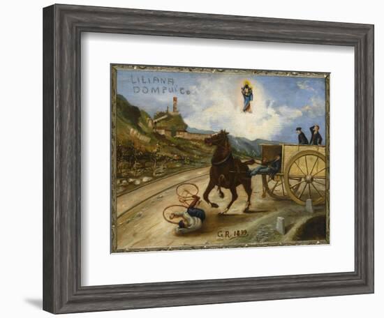 Cycliste renversé devant un cheval cabré-null-Framed Giclee Print