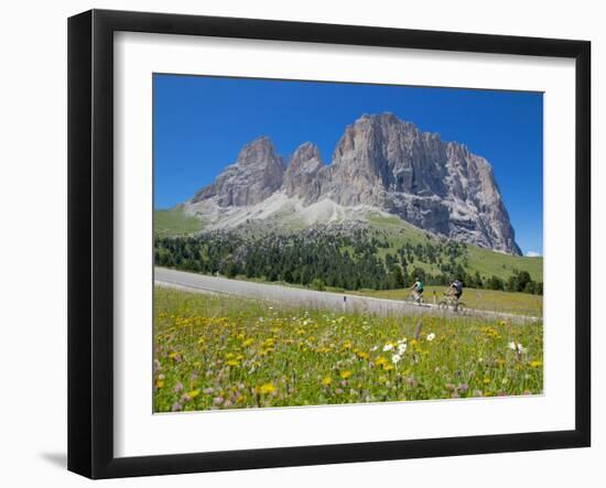 Cyclists and Sassolungo Group, Sella Pass, Trento and Bolzano Provinces, Italian Dolomites, Italy-Frank Fell-Framed Photographic Print