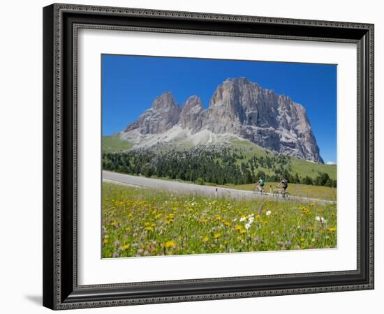 Cyclists and Sassolungo Group, Sella Pass, Trento and Bolzano Provinces, Italian Dolomites, Italy-Frank Fell-Framed Photographic Print