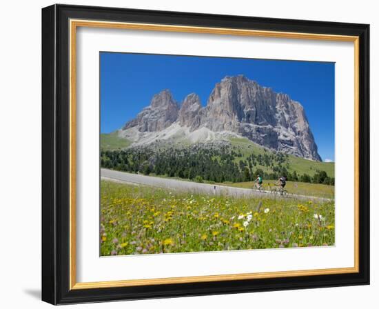 Cyclists and Sassolungo Group, Sella Pass, Trento and Bolzano Provinces, Italian Dolomites, Italy-Frank Fell-Framed Photographic Print