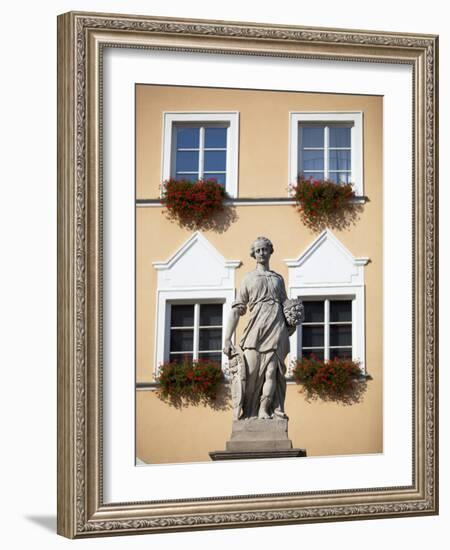 Czech Republic, Moravia, Mikulov. Detail of Statue and Facade in the Historical Centre.-Ken Scicluna-Framed Photographic Print