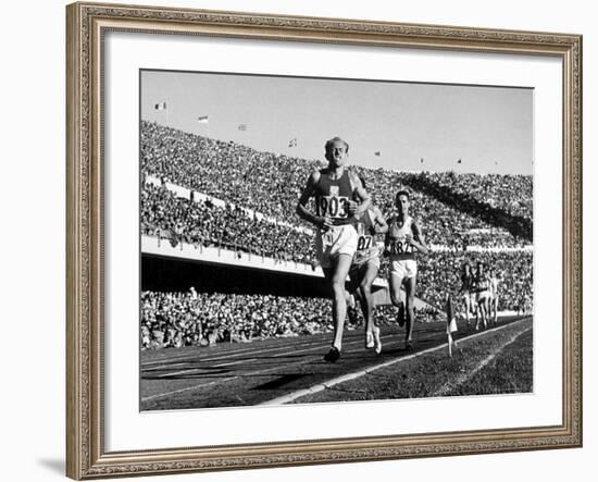 Czech Track and Field Gold Medalist Emil Zatopek, Leading Pack, Competing in 1952 Olympic Games-Mark Kauffman-Framed Premium Photographic Print