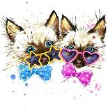 Kittens Twins T-Shirt Graphics. Kittens Twins Illustration with Splash Watercolor Textured Backgro-Dabrynina Alena-Art Print