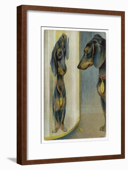 Dachshund Admires Its Reflection in a Distorting Mirror-null-Framed Art Print