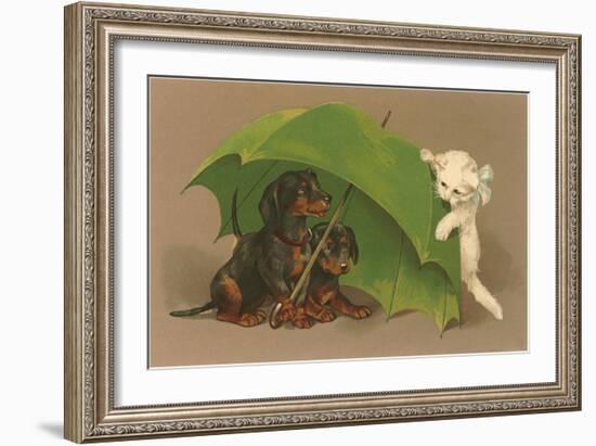 Dachshund Puppies Under Umbrella with Kitten-null-Framed Art Print