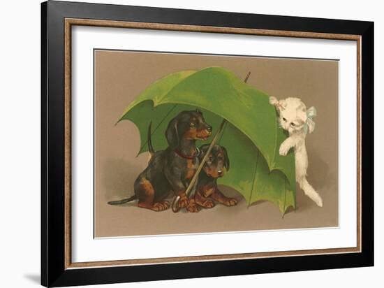 Dachshund Puppies Under Umbrella with Kitten-null-Framed Art Print