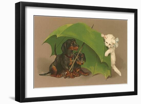 Dachshund Puppies Under Umbrella with Kitten-null-Framed Art Print