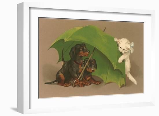 Dachshund Puppies Under Umbrella with Kitten-null-Framed Art Print