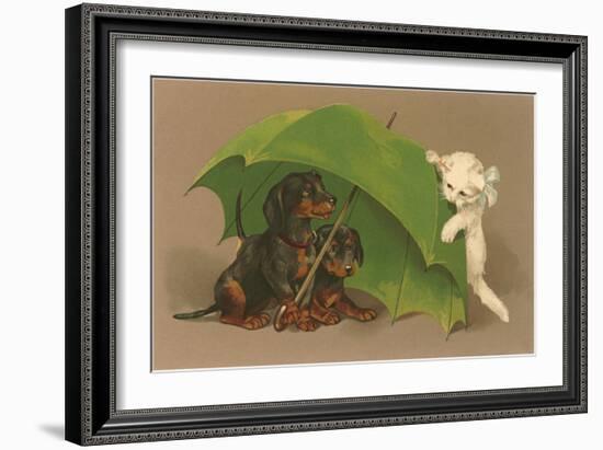 Dachshund Puppies Under Umbrella with Kitten-null-Framed Art Print