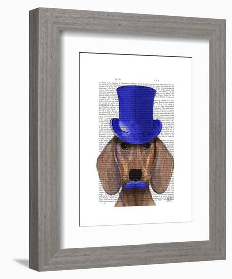 Dachshund with Blue Top Hat and Blue Moustache-Fab Funky-Framed Art Print