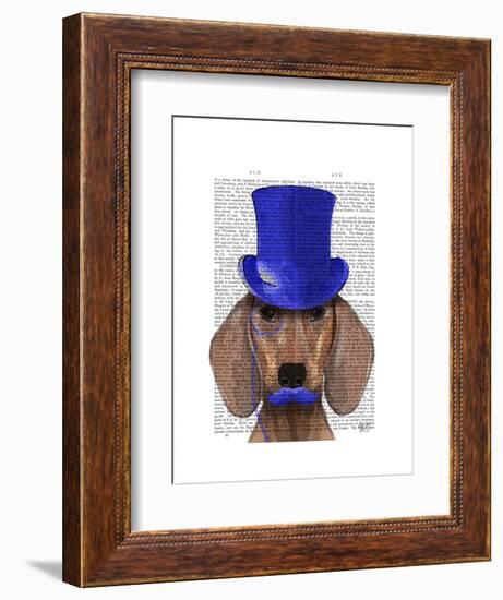 Dachshund with Blue Top Hat and Blue Moustache-Fab Funky-Framed Art Print