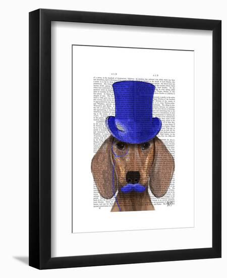 Dachshund with Blue Top Hat and Blue Moustache-Fab Funky-Framed Art Print