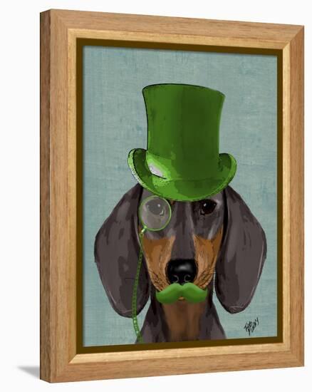 Dachshund with Green Top Hat Black Tan-Fab Funky-Framed Stretched Canvas