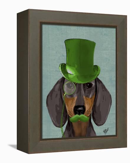 Dachshund with Green Top Hat Black Tan-Fab Funky-Framed Stretched Canvas