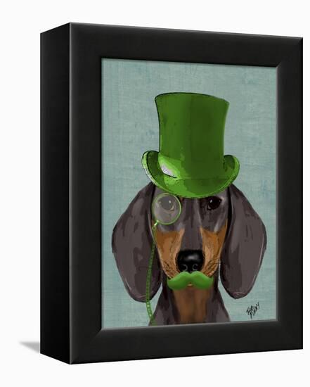 Dachshund with Green Top Hat Black Tan-Fab Funky-Framed Stretched Canvas