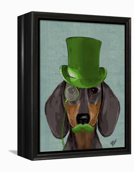 Dachshund with Green Top Hat Black Tan-Fab Funky-Framed Stretched Canvas