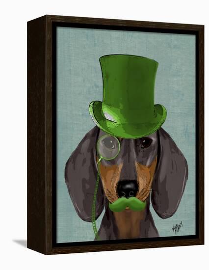 Dachshund with Green Top Hat Black Tan-Fab Funky-Framed Stretched Canvas