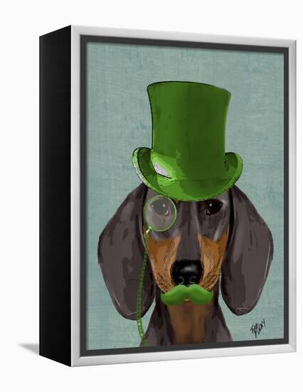 Dachshund with Green Top Hat Black Tan-Fab Funky-Framed Stretched Canvas