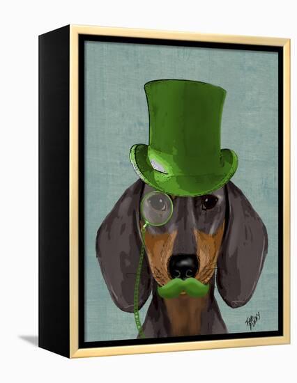 Dachshund with Green Top Hat Black Tan-Fab Funky-Framed Stretched Canvas
