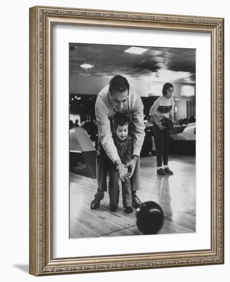 Dad Showing 3 Year Old Daughter the Basics of Bowling-George Silk-Framed Photographic Print