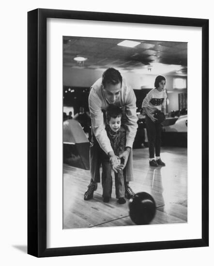 Dad Showing 3 Year Old Daughter the Basics of Bowling-George Silk-Framed Photographic Print